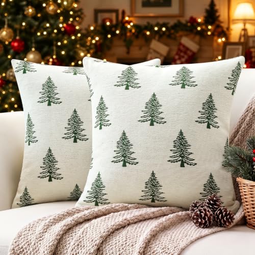 Beige & Green Chenille Christmas Pillow Covers 18x18 Inch Set of 2 - Festive Holiday Decor