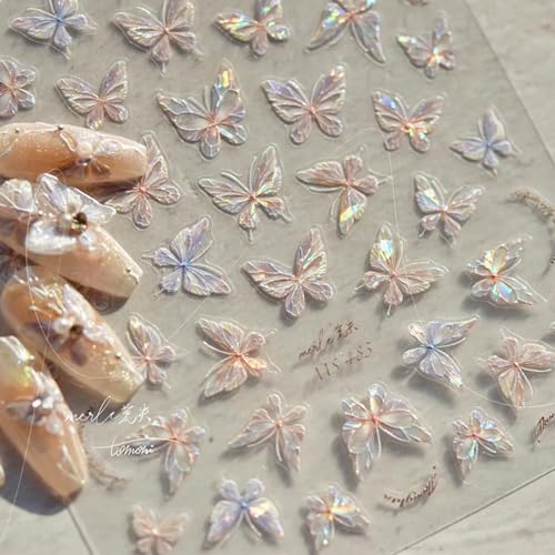5D Embossed Aurora Butterfly Nail Art Stickers Pink Shell Decals