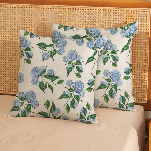 GOLIANDA Hydrangea Floral Linen Pillow Covers 18x18, Set of 2, Blue Green