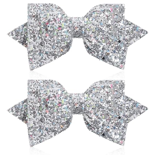 Silver Glitter Hair Bows 5.3 Inch Sparkly Alligator Clips 2 Pcs