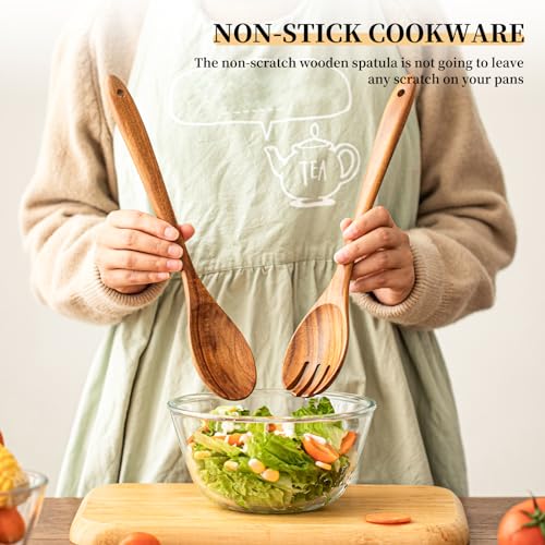 Gudamaye Acacia Wooden Salad Server Set - 13 Inch Salad Tongs with Fork & Spoon, Long Handle Salad Servers, Salad Mixing Utensils, Salad Servers