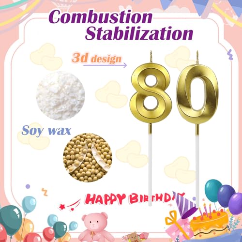 80th Birthday Gold Number Candle 3D Cake Topper for Party Anniversary