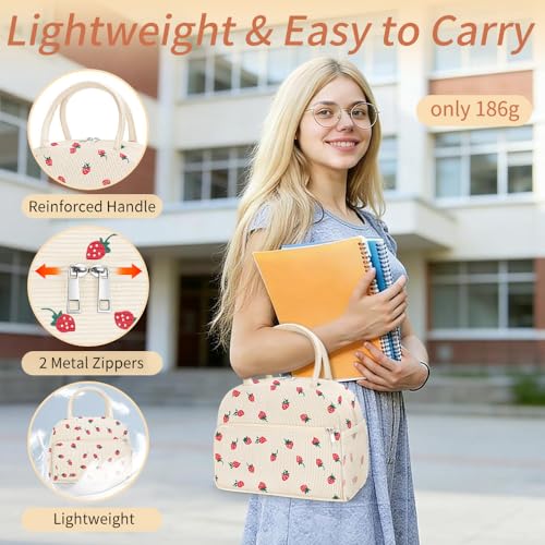 Coobiiya Corduroy Insulated Lunch Bag - Large Capacity Tote, Strawberry