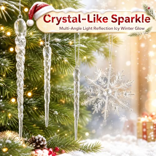 49Pcs Christmas Tree Ornaments Set - Crystal Icicles & Snowflakes, Safe Shatterproof Material
