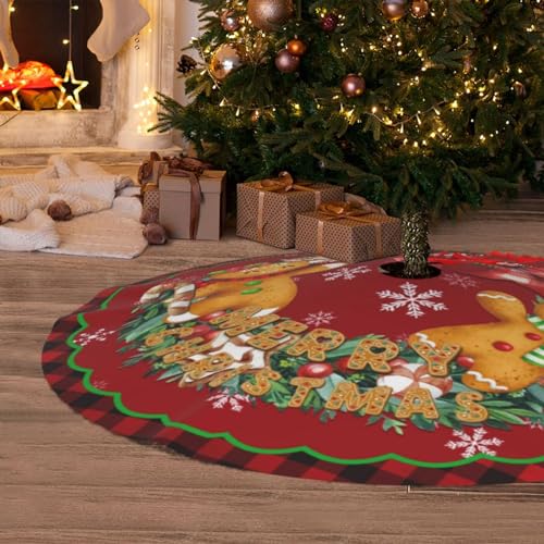 Buffalo Check Christmas Tree Skirt - 36 Inch Gingerbread Man Holiday Mat