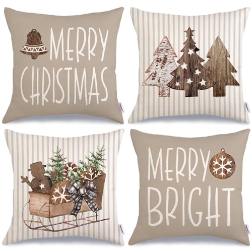 GEEORY Brown 18x18 Inch Christmas Pillow Covers Set of 4 Holiday Decor