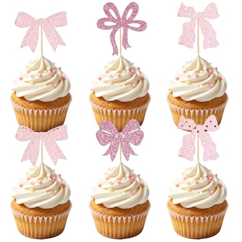 24 Pink Bow Cupcake Toppers - Pre-Assembled Party Decorations