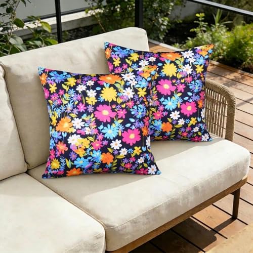 ONWAY Black Outdoor Floral Pillow Covers 18x18 Inch Waterproof Set of 2