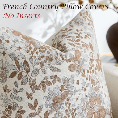 Purewish Vintage Floral Chenille Throw Pillow Covers 18x18 - Camel (Pack of 2)