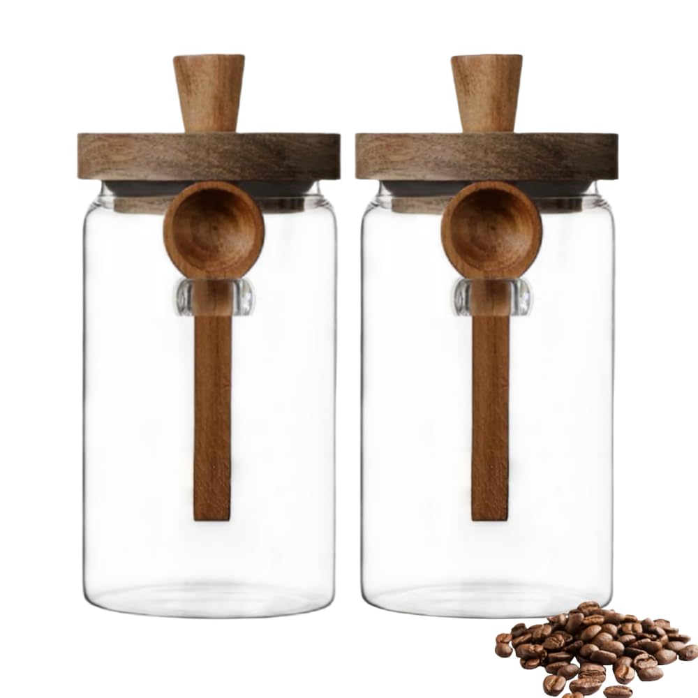 ANSQU 2 Pack Glass Jars with Wooden Lids & Spoons, 34oz Food Storage Containers Coffee Jar Coffee Grounds Container, Food Storage Canister
