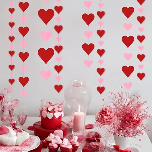 Heart Garland Decorations - 4 Pack Red & Pink Streamers for Valentine's Day