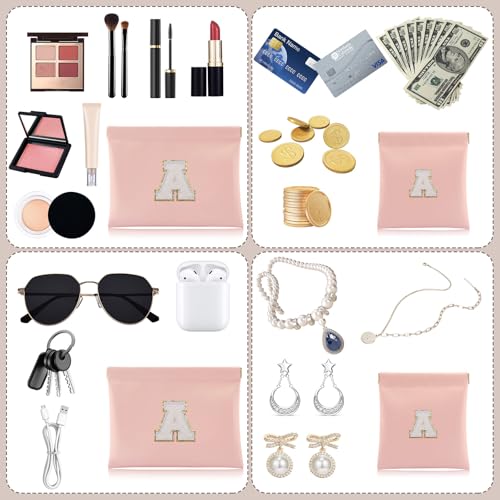 Tiltol Personalized Small Makeup Bag for Purse, Pink Letter A Pouch Set of 2