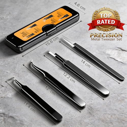 G.CATACC 4-Pack Precision Tweezers Set - Stainless Steel Anti-Static Craft & Grooming Tweezers with Case