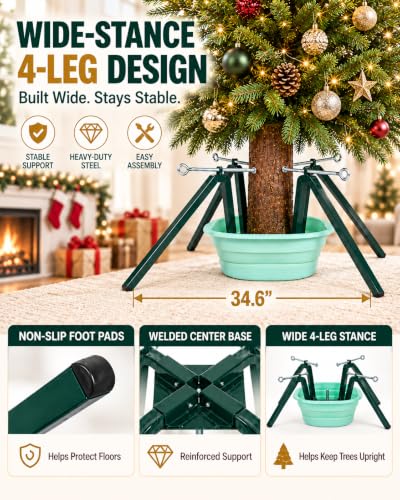 Christmas Tree Stand for Real Trees 4-Leg Steel Base 2.1 Gallon Basin