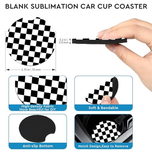2 Pack Black and White Lattice Car Cup Holder Coasters - Non-Slip Neoprene Mats