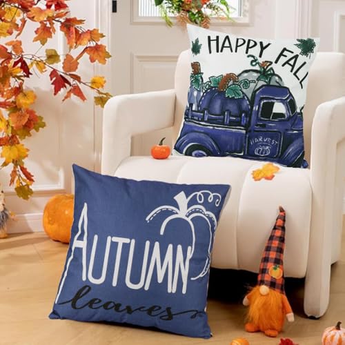 Fall Set of 4 18x18 Inch Decorative Pillow Covers with Pumpkins Leaves Polka Dots