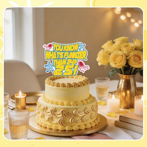 Funny 25th Birthday Cake Topper - Yellow Cartoon Cardstock with Acrylic Sticks