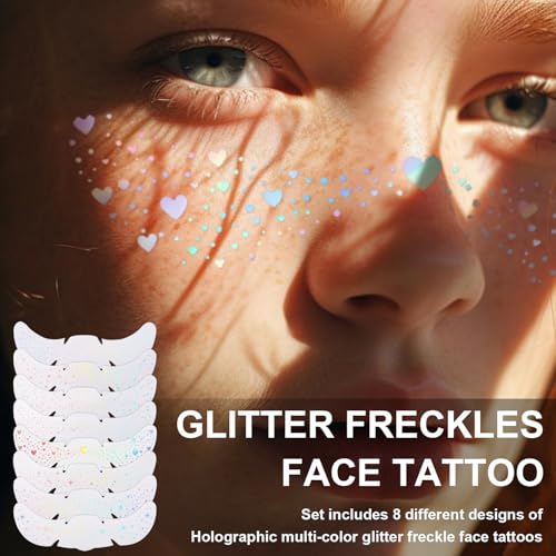 Holographic Glitter Freckles Face Tattoos - 8 Pack Waterproof Makeup Patches