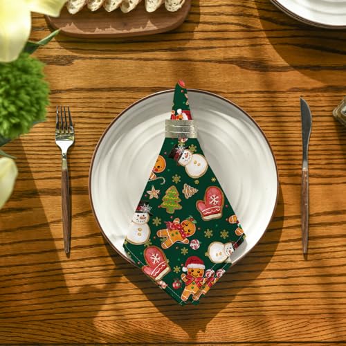 Christmas Cloth Napkins 18x18 Inch Set of 6 - Green Gingerbread Snowman Holiday Decor