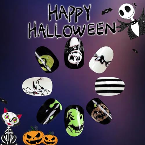 QUNQINLI Halloween Press on Nails Short Oval Ghost Pumpkin Bat False Nails