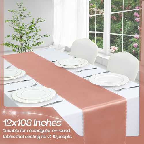 Rose Gold Satin Table Runner 12x108 Inch - 2 Pack with Scalloped Edges