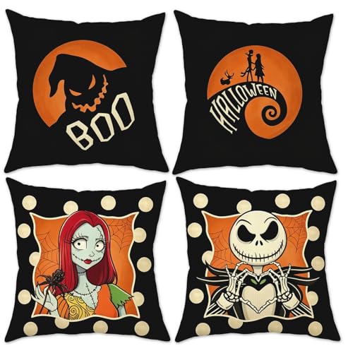 Veloranty 4-Piece Halloween Throw Pillow Covers, 18x18 Inch Cotton Linen