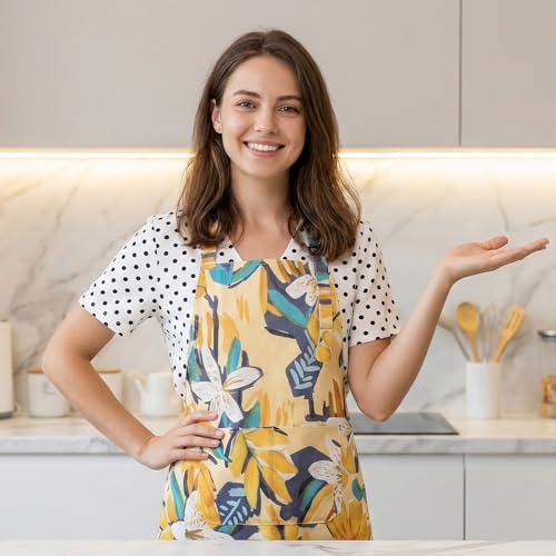 Floral Apron for Women with Pockets - Adjustable Kitchen Chef Apron
