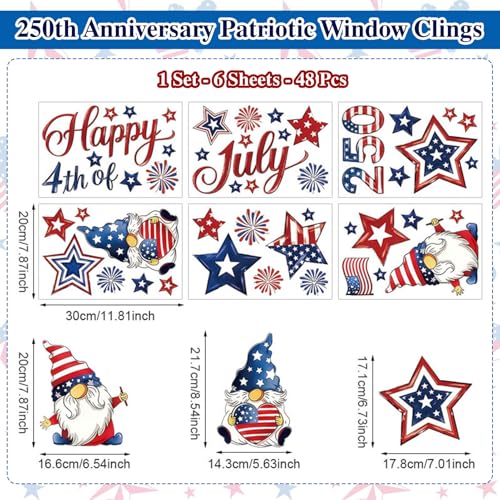 250th Anniversary Patriotic Window Clings - 6 Sheets of Gnome & Star Decals