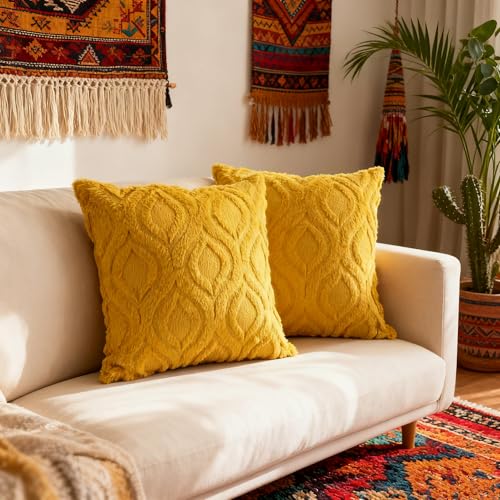 Pack of 2 Mustard Yellow Faux Fur Throw Pillow Covers 18x18