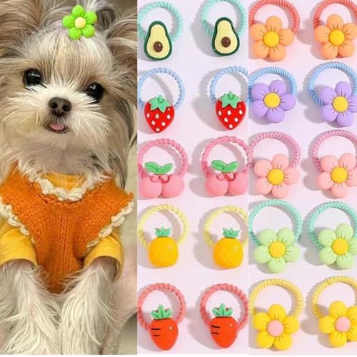 Small Dog Hair Bows 20pcs Cute Fruit Sunflower Rubber Bands for Pets