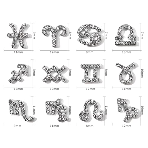 WOKOTO 24pcs Silver Zodiac Signs and Letters 3D Nail Art Charms