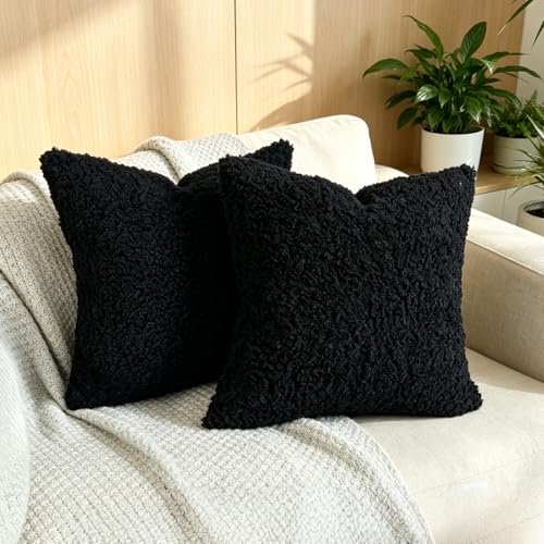 OYIMUA Black Faux Fur Boucle Throw Pillow Covers 20x20, Set of 2