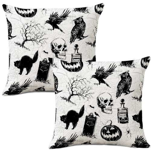 AOFANGGO Halloween Pillow Covers 18x18 Set of 2 Spooky Pumpkin Skull Black Cat Decor