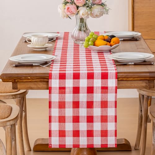 Alsoo Red Gingham Table Runner 13 x 90 Inches - Farmhouse Checkered Cotton Linen Decor
