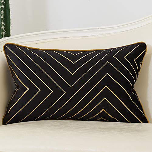 Avigers 12x20 Inch Black Velvet Lumbar Pillow Cover with Hidden Zipper - Geometric Design
