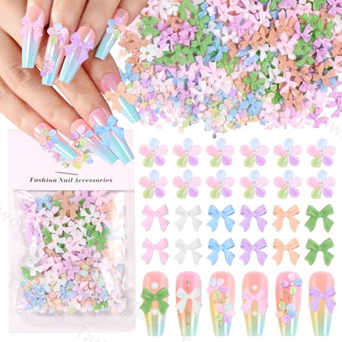 Tatiwoo 300 Pcs 3D Flower and Bow Nail Charms with Pearls and Beads