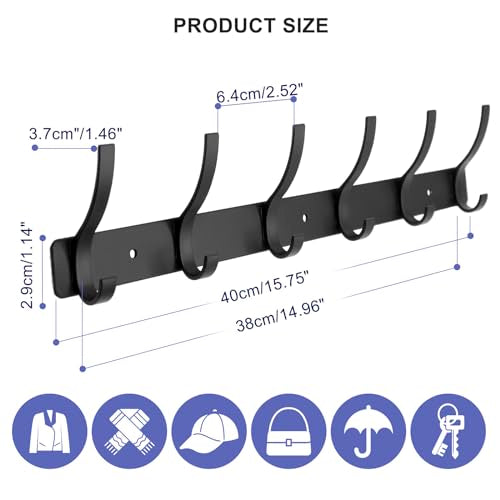 ZGELIN Wall Mounted Coat Rack with 6 Hooks - Sturdy Black Metal Hanger
