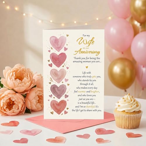 BRYUBR Romantic Watercolor Heart Anniversary Card for Wife from Husband - 8x5.3 Inches with Envelope & Sticker