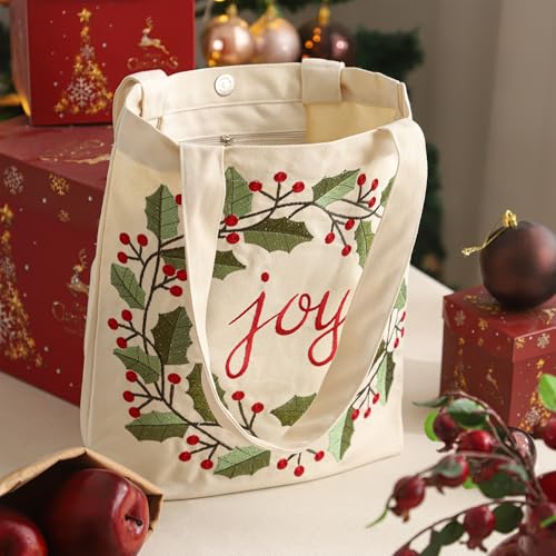 Christmas Embroidery Canvas Tote Bag - Joy Wreath Reusable Holiday Gift Bag