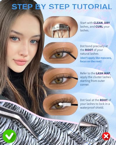 PHKERATA Wispy Lash Clusters with Clear Band C Curl DIY Individual Eyelashes