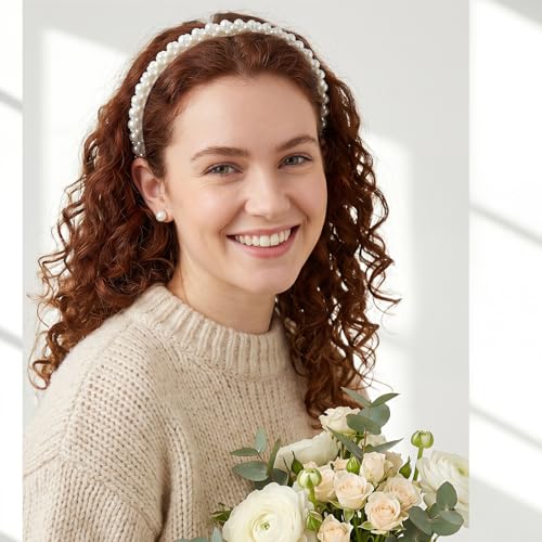 Josojoou Pearl Headband for Women White Non-Slip Wedding Hair Hoop