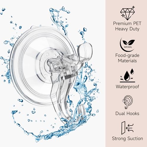 ANDGOO 4 Pack Clear Suction Cup Hooks for Shower, Holds up to 11 lbs, Reusable Bathroom Organizer
