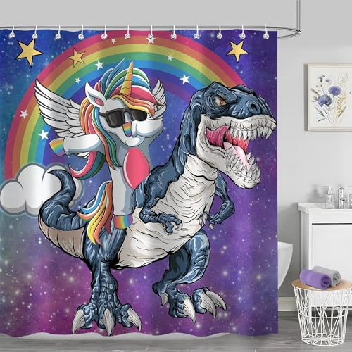 Unicorn Dinosaur Shower Curtain - Waterproof Fabric, 72x78 Inch