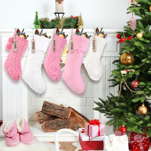 Christmas Stockings Set 5 Pcs Knitted & Plush Holiday Decorations - White & Pink, 18in & 15in, Farmhouse Rustic Style