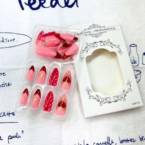 Red French Tip Press On Nails with Rhinestones Medium Almond False Nails 24pcs