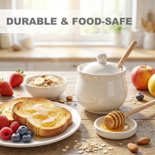 JOYLULU Ceramic Honey Jar with Wooden Dipper - 8 Oz White Honey Pot