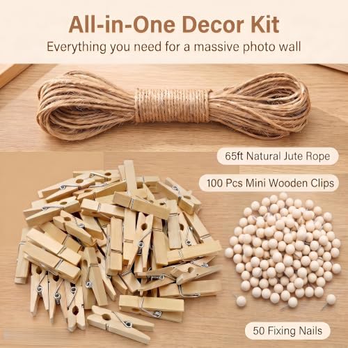 Hanging Photo Display Kit with 100 Wooden Clips & 65ft Rope