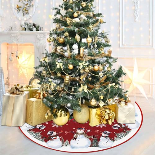 Snowman Christmas Tree Skirt 36 Inch - Red Holiday Decor