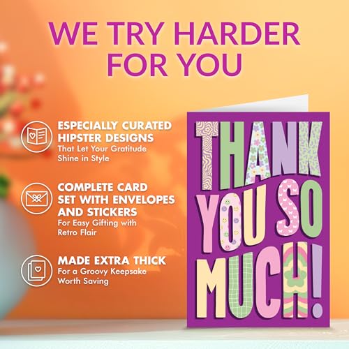Kids Thank You Cards Set with Envelopes - 24 Retro Groovy Designs