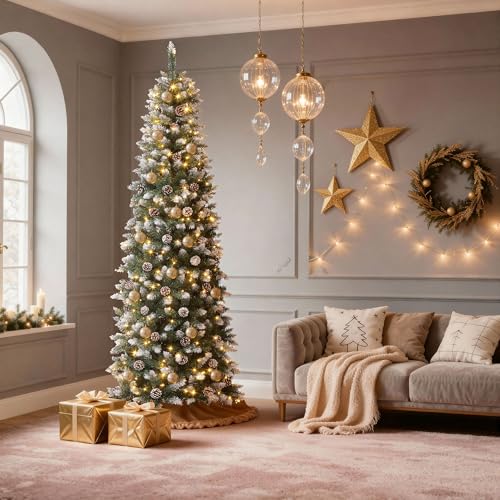 Flocked Green 6ft Artificial Christmas Tree Slim Pre-lit Tree with Snowy Branches, 618 Tips & Remote